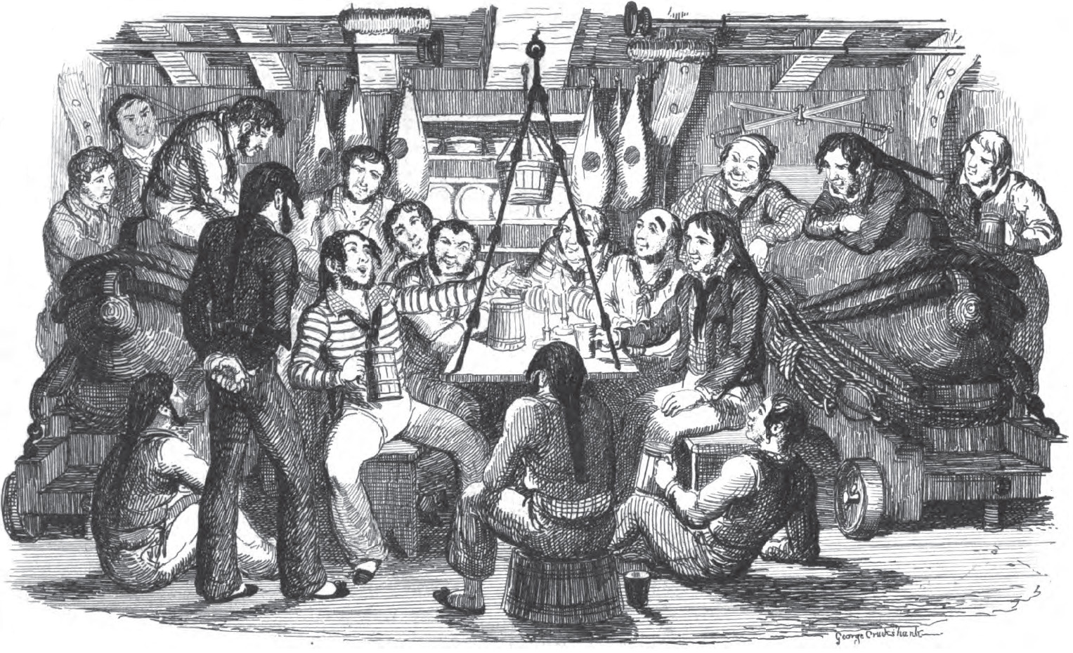 Off-duty Royal Navy sailors singing together in the 1800s — Shenandoah was one of the few shanties sung both as a work song and as a leisure forebitter