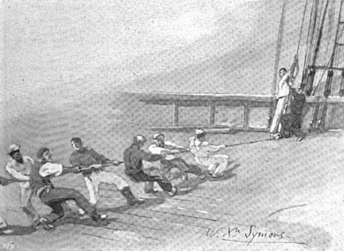 Sailors hauling on a halyard. Illustration by W. Symons