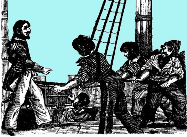 A musician leads the hauling shanty while sailors pull the halyard